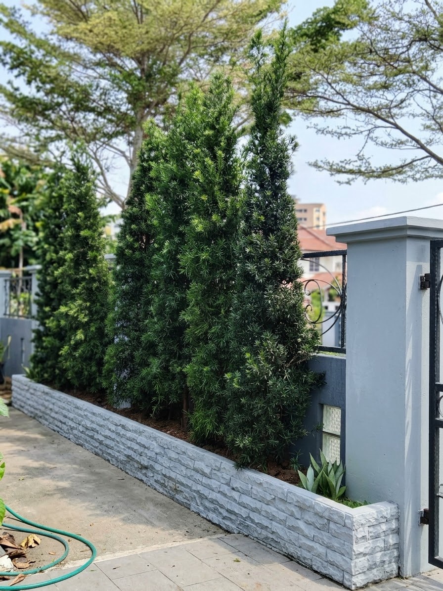 A screen of conifers in a stone-clad planter (By the front gate)