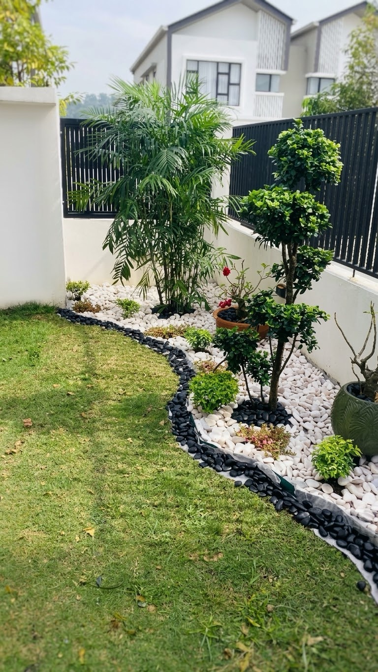 A curved black-and-white pebble border, with topiary and palms (Corner garden)