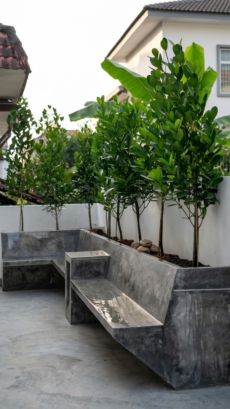 Courtyard: A row of trees in a raised planter, over a concrete bench. Landscaping by 54 Weng Thye Nursery & Landscapes.