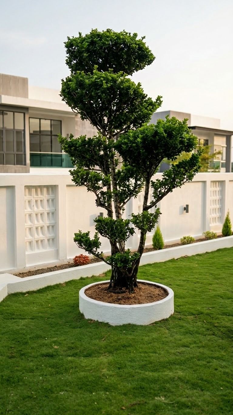 A feature tree in a white ring planter (Front garden)