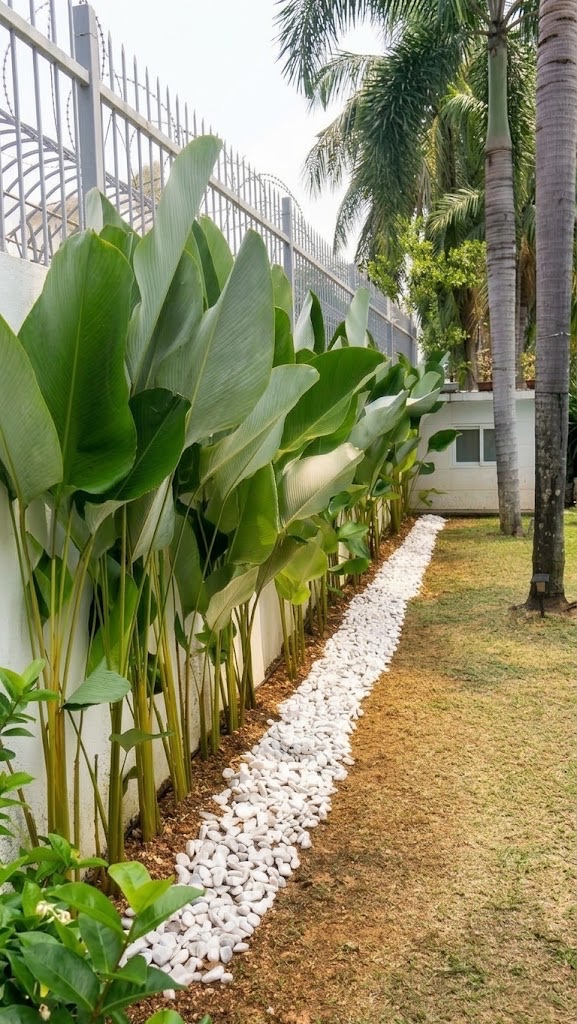 Tall leafy plants along the fence, with a white pebble edge (Side garden)