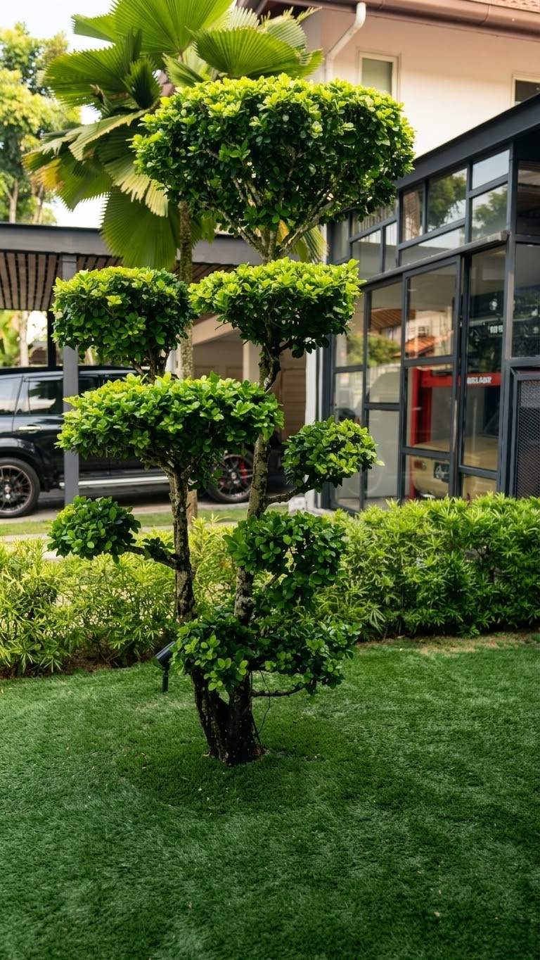 A cloud-pruned tree on a new lawn (Front garden)