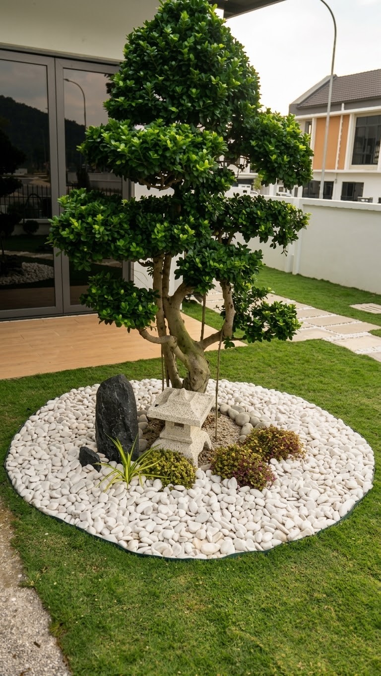 A topiary tree in a white pebble circle, with a stone lantern (Front garden)