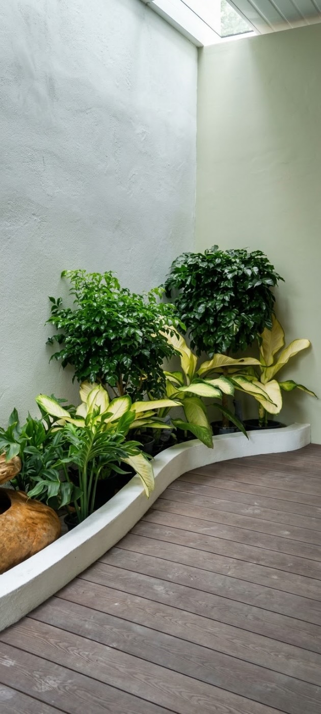 Indoor garden: An indoor bed under a skylight. Landscaping by 54 Weng Thye Nursery & Landscapes.