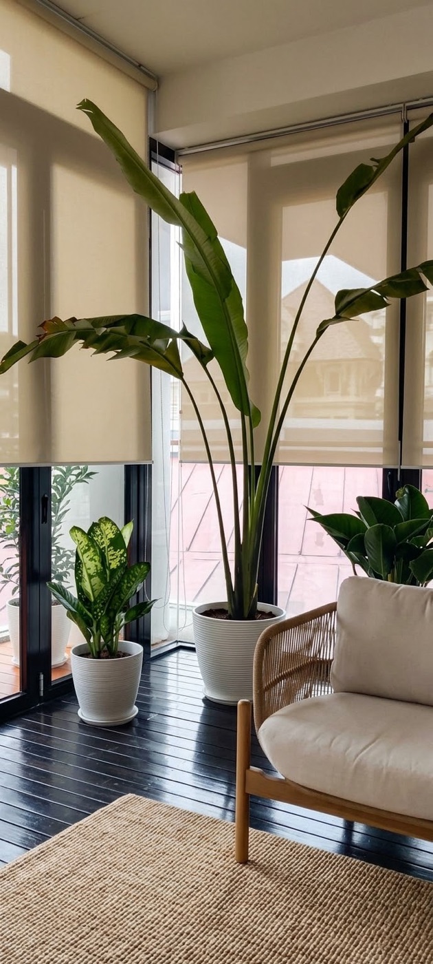 Living room: Bird of paradise and leafy plants in pots by the window. Landscaping by 54 Weng Thye Nursery & Landscapes.