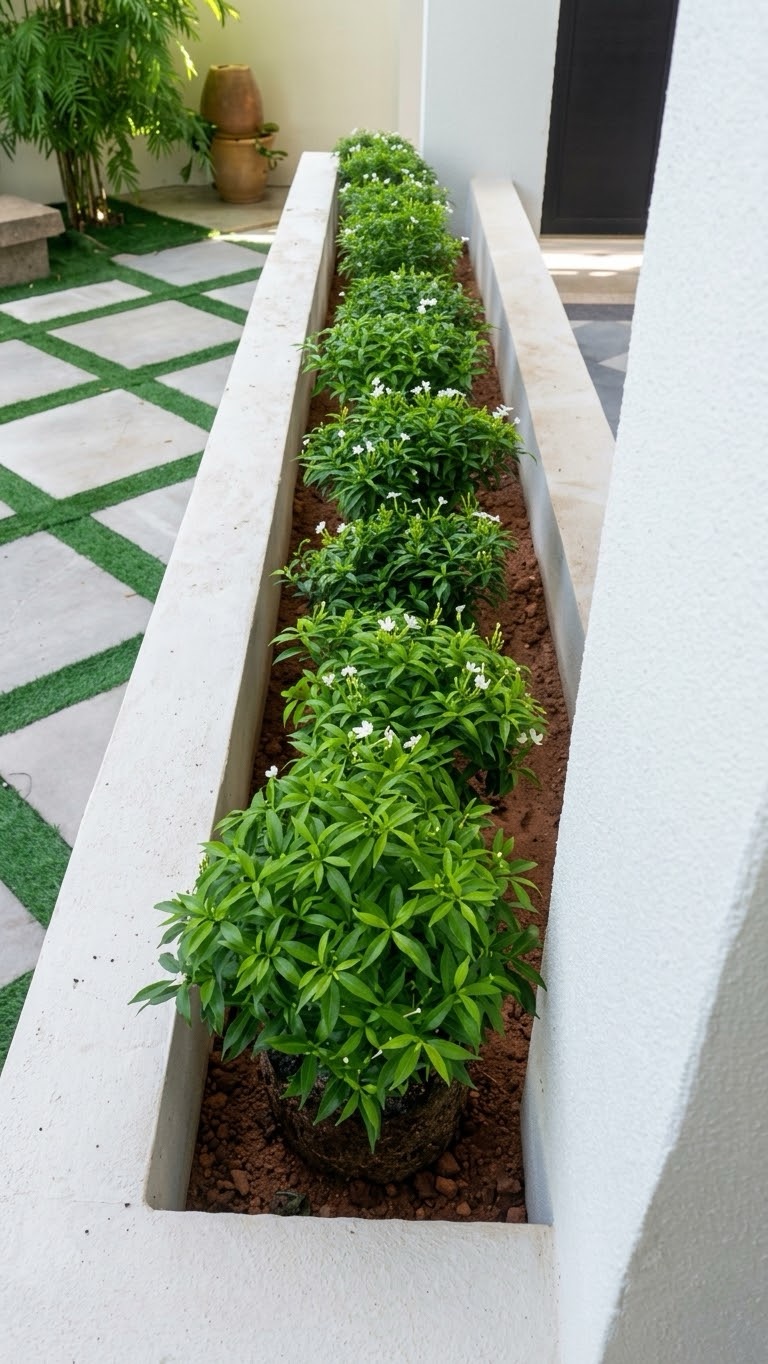 Side passage: A long planter of flowering shrubs, beside paving with grass strips. Landscaping by 54 Weng Thye Nursery & Landscapes.