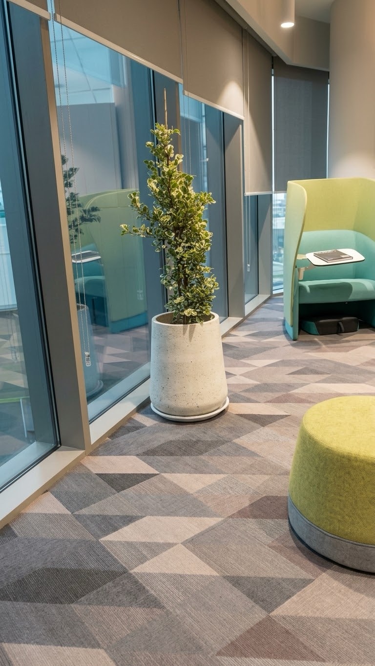 Office lounge: A potted tree by the window. Landscaping by 54 Weng Thye Nursery & Landscapes.