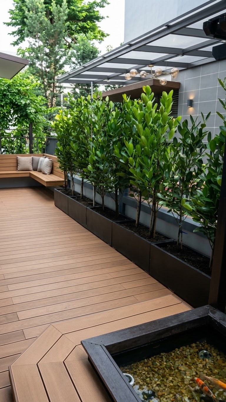 Roof terrace: A planter hedge along a timber deck. Landscaping by 54 Weng Thye Nursery & Landscapes.