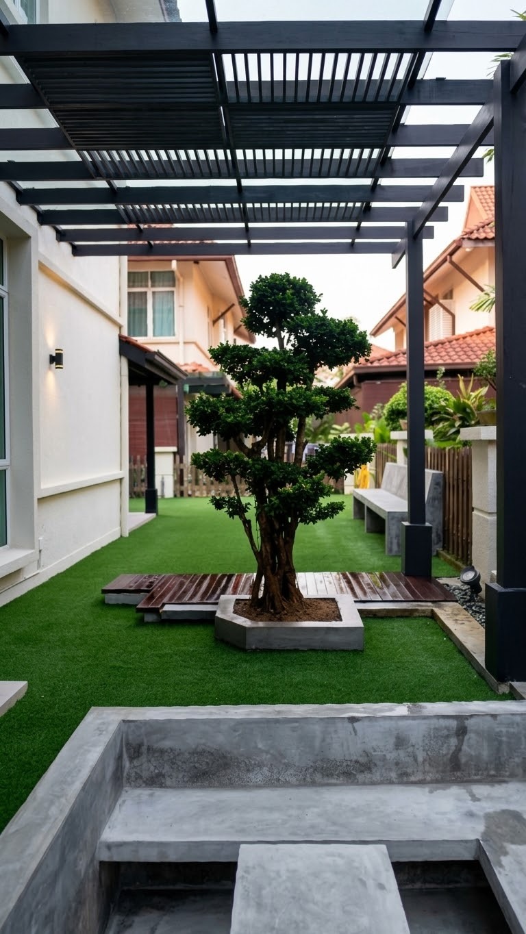 A topiary tree, lawn and timber deck under a pergola (Side garden)