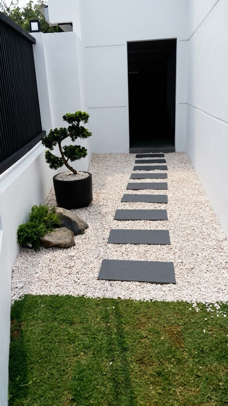 Side passage: Stepping stones through white pebbles, with a potted bonsai-style tree. Landscaping by 54 Weng Thye Nursery & Landscapes.