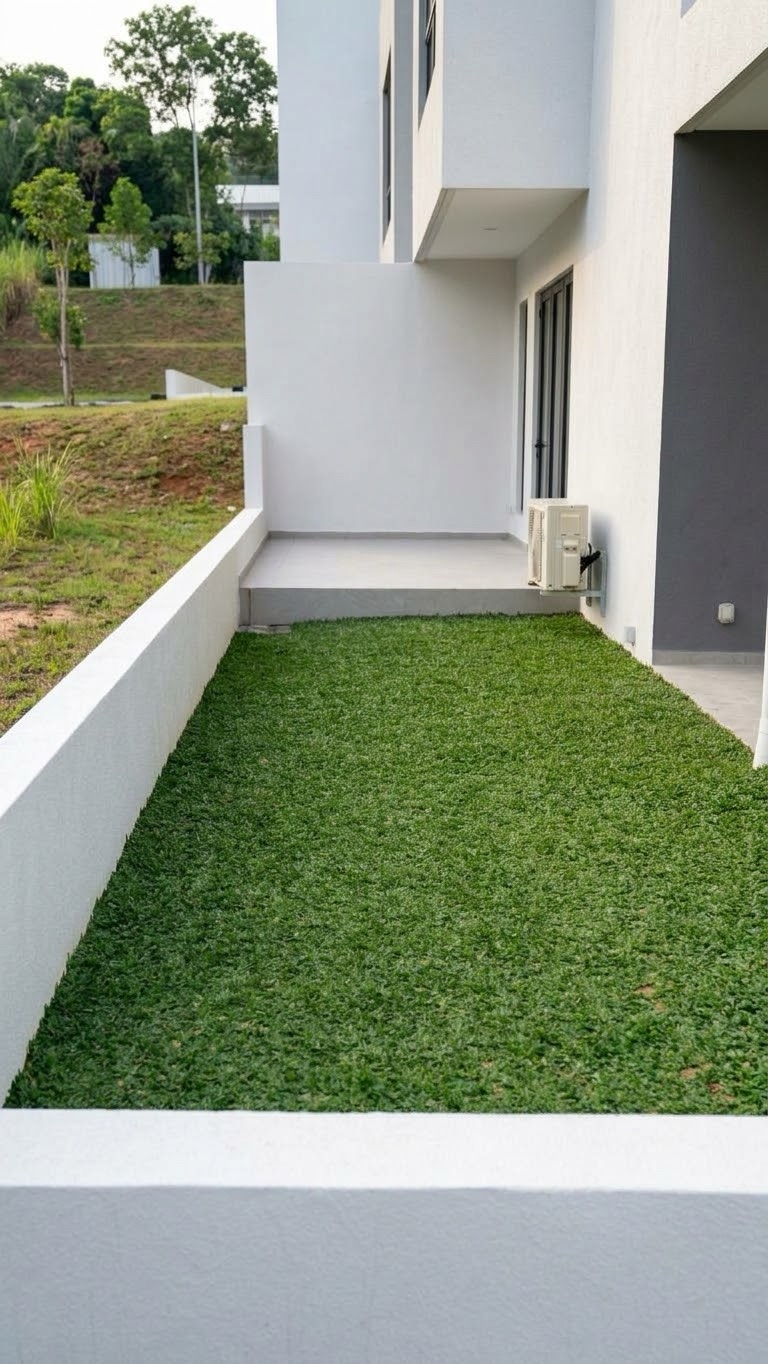 A new lawn between the house and a retaining wall (Side garden)
