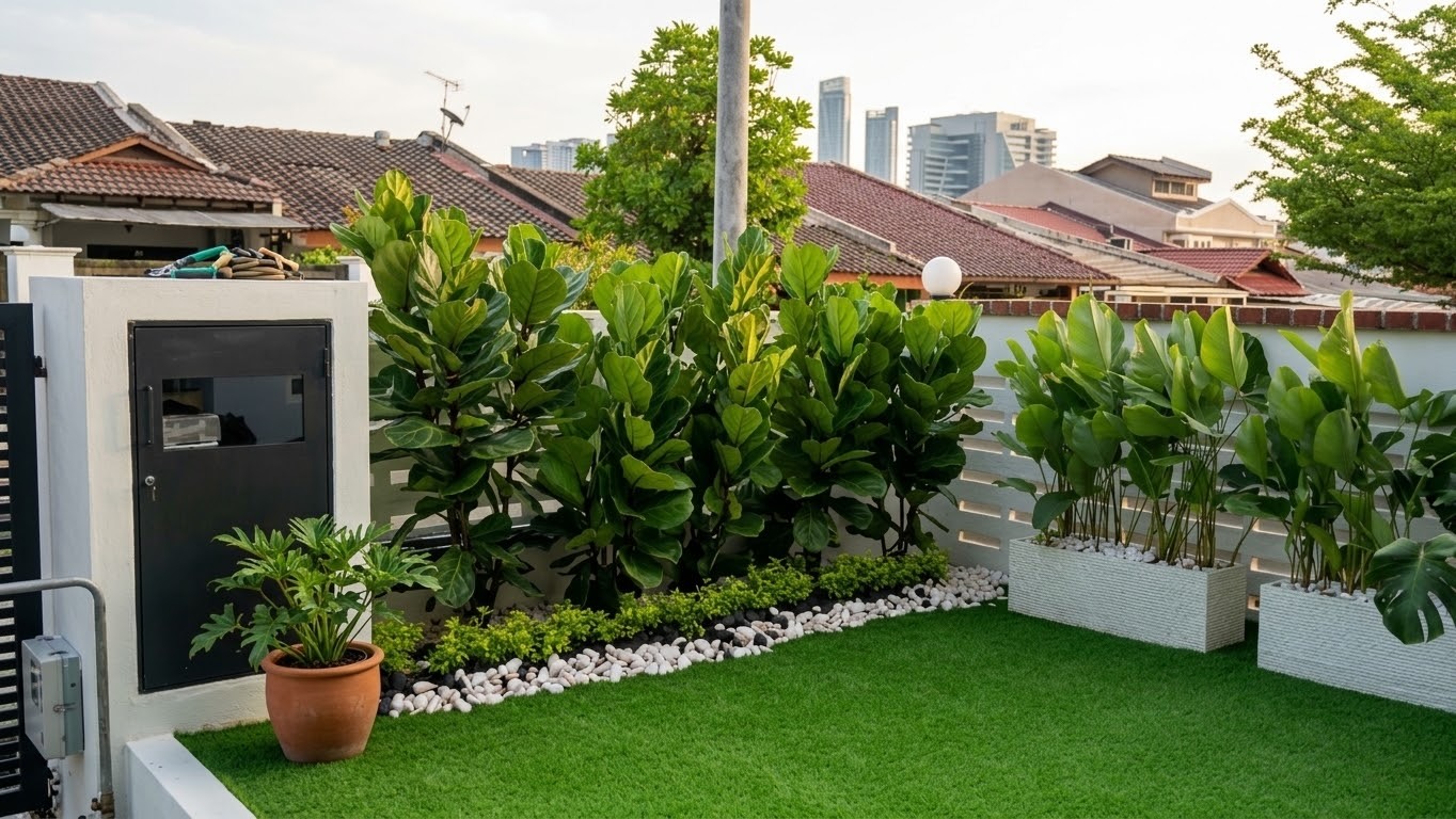 Fiddle-leaf figs, a pebble border and a lawn (Terrace house)
