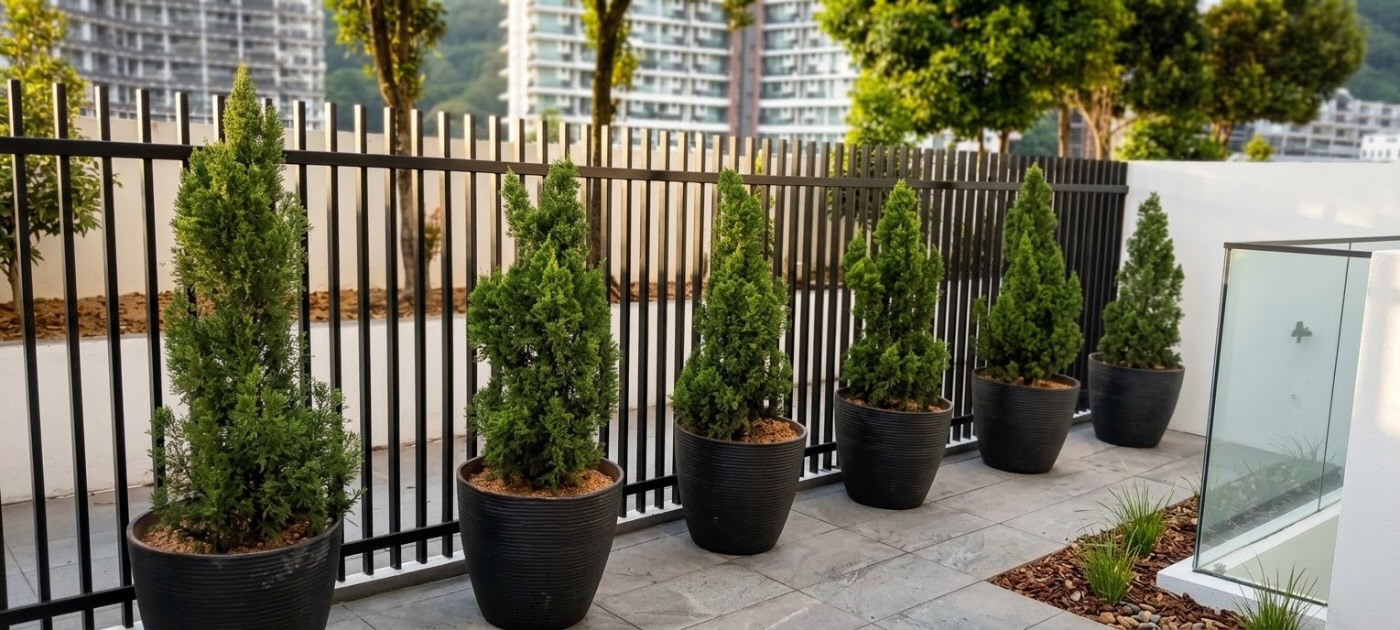 Terrace: A row of conifers in pots. Landscaping by 54 Weng Thye Nursery & Landscapes.