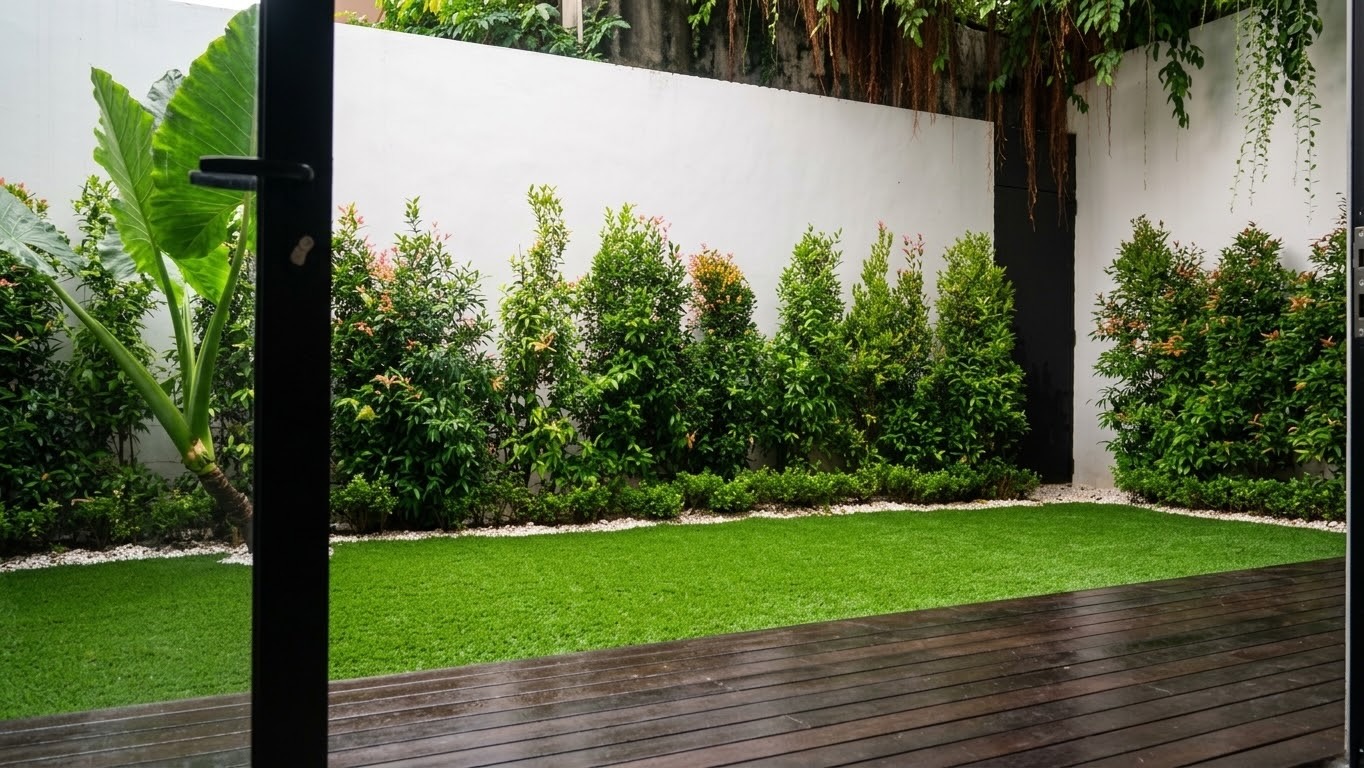 A lawn, and a hedge along the wall (Back garden)
